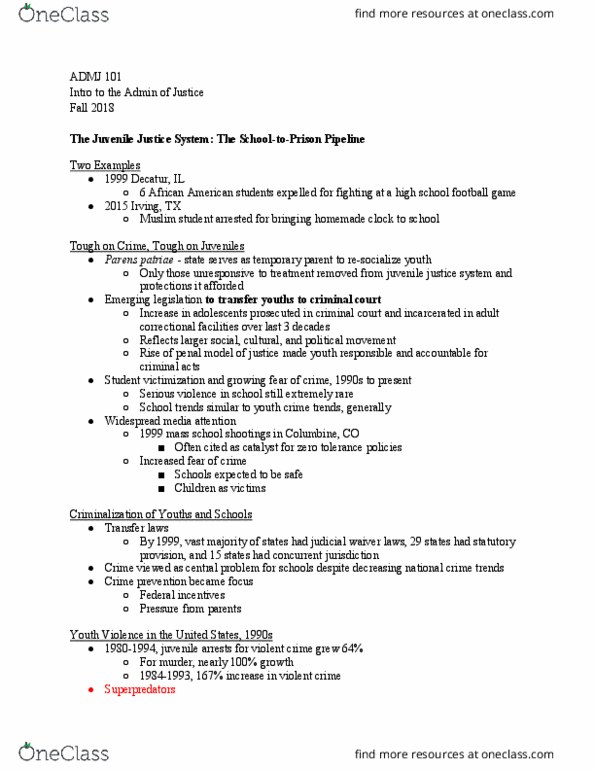 ADMJ 101 Lecture Notes - Lecture 23: Parens Patriae, Decatur, Illinois, Concurrent Jurisdiction thumbnail