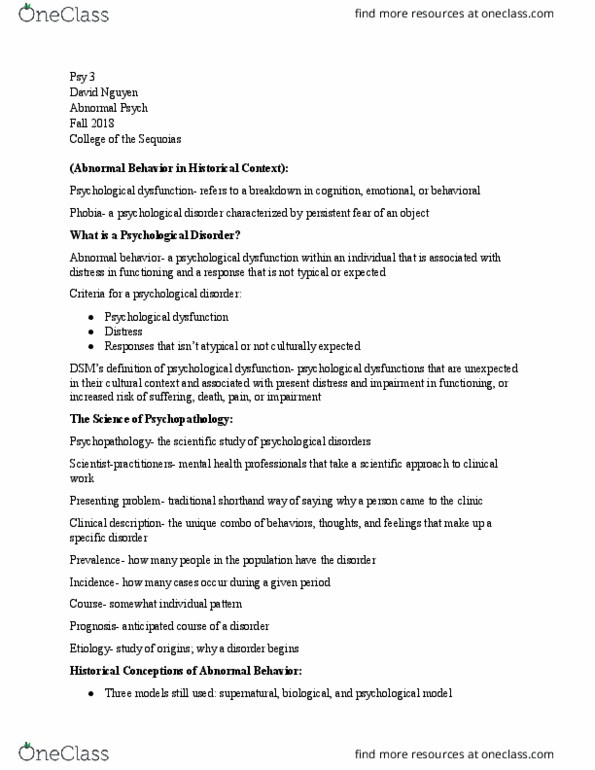 PSY 034 Lecture Notes - Lecture 10: Etiology, Presenting Problem, Psychopathology thumbnail