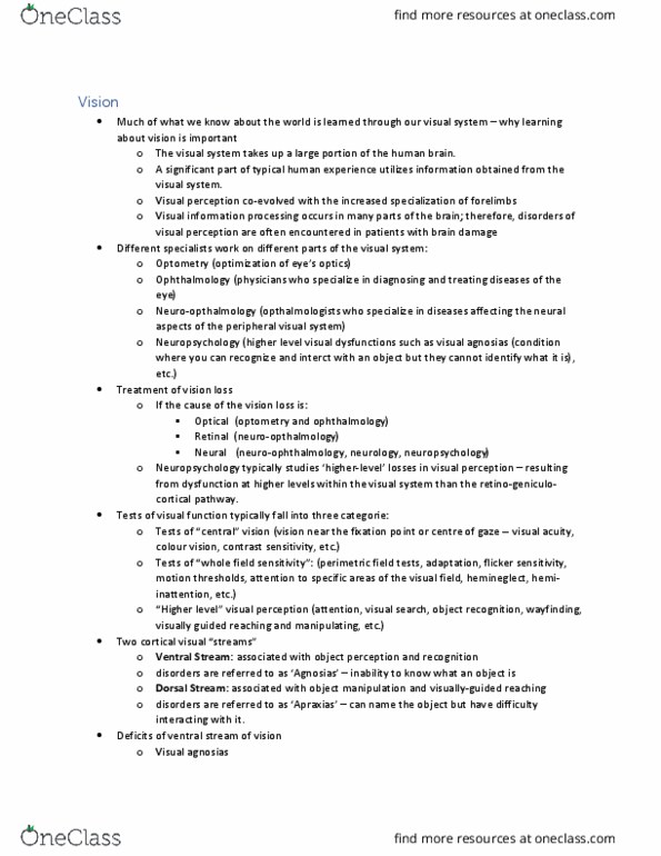 PSYC 2307 Lecture Notes - Lecture 4: Two-Streams Hypothesis, Optometry, Visual Acuity thumbnail