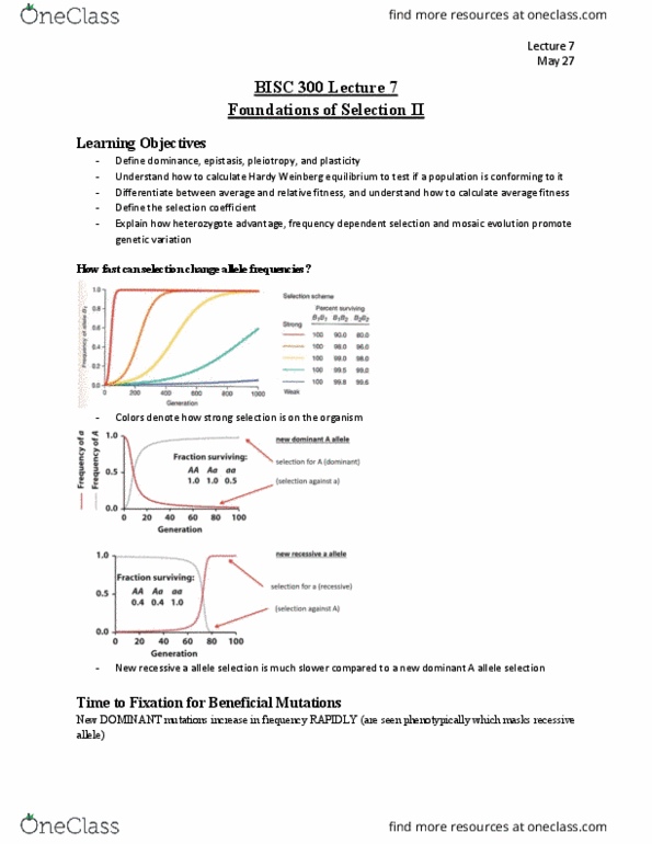 BISC 300 Lecture Notes - Lecture 6: Frequency-Dependent Selection, Allele Frequency, Selection Coefficient thumbnail