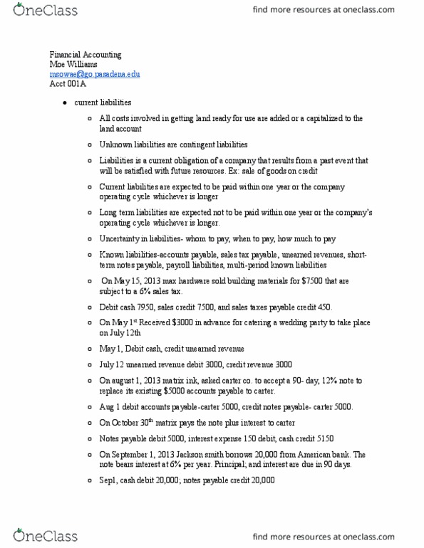 ACCT 001A Lecture Notes - Lecture 13: Moe Williams, Internal Revenue Service, Current Liability thumbnail