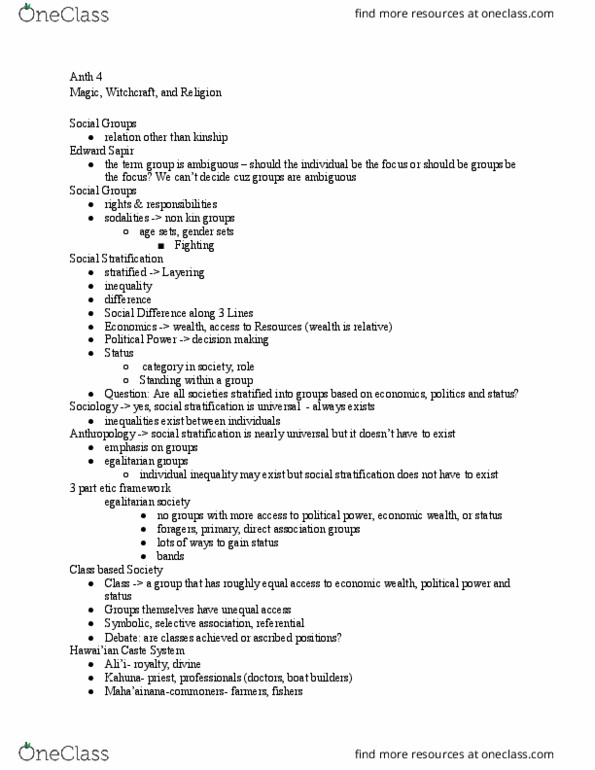 ANTH 004 Lecture Notes - Lecture 11: Sodality, Social Stratification, Tapa Cloth thumbnail