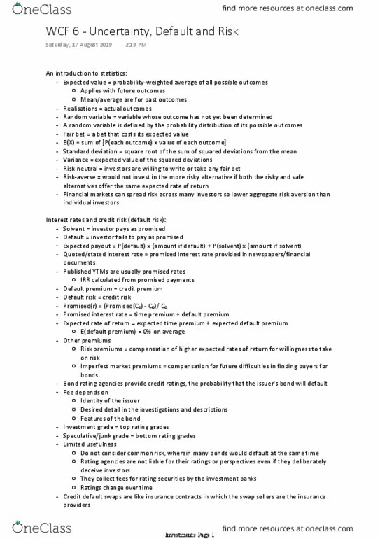 FNCE30001 Chapter Notes - Chapter 6: Risk Aversion, Capital Budgeting, Credit Event thumbnail