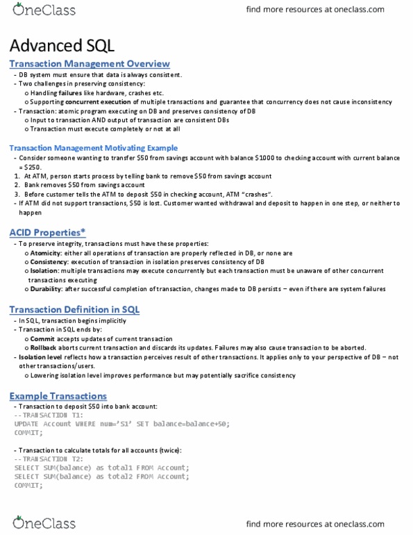 COSC 304 Lecture Notes - Lecture 5: Database, Impedance Matching, Savings Account thumbnail