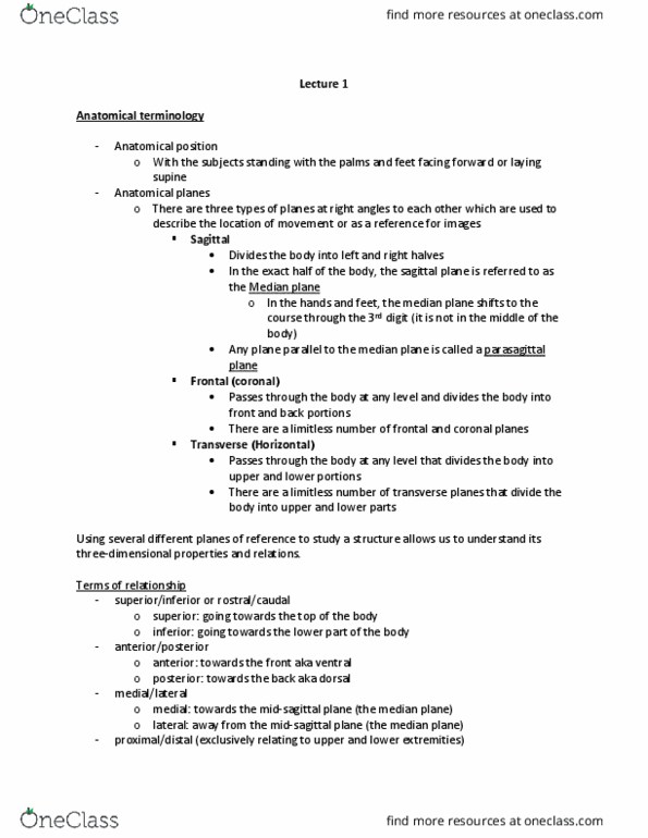 SAR HS 369 Lecture Notes - Lecture 1: Sagittal Plane, Latissimus Dorsi Muscle, Anatomical Plane thumbnail