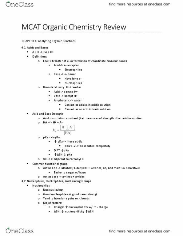 Chemistry 2213A/B Chapter Notes - Chapter 4: Stereochemistry, Leaving Group, Organic Reactions thumbnail