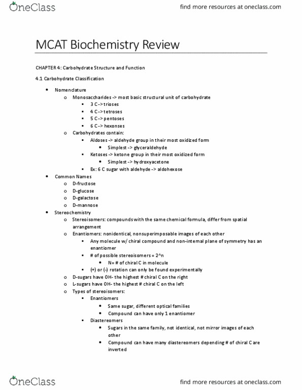 Biochemistry 2280A Chapter Notes - Chapter 4: Ketone, Aldehyde, Tetrose thumbnail