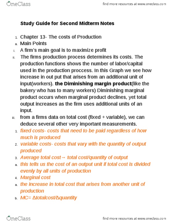 ECON 20A Chapter Notes -Marginal Cost, Marginal Product, Fixed Cost thumbnail