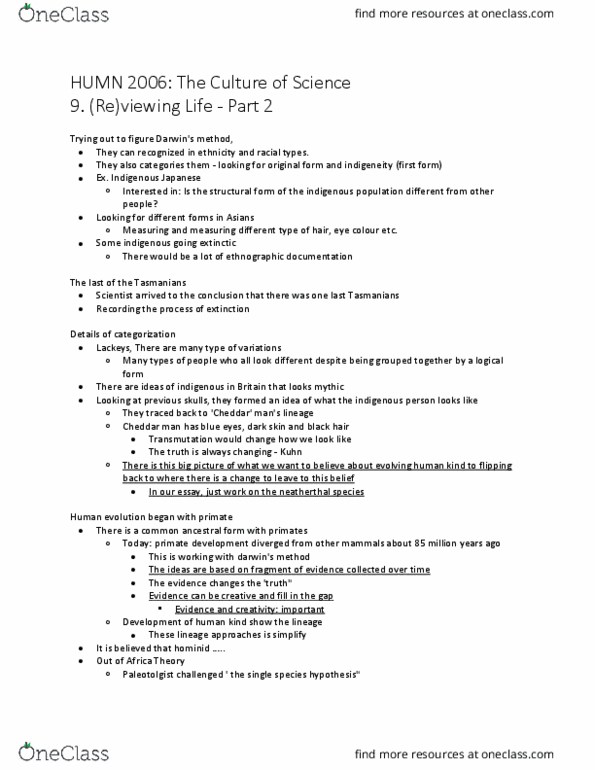 HUMN-2006 Lecture Notes - Lecture 9: Homo Sapiens, Cheddar Man, Paranthropus thumbnail