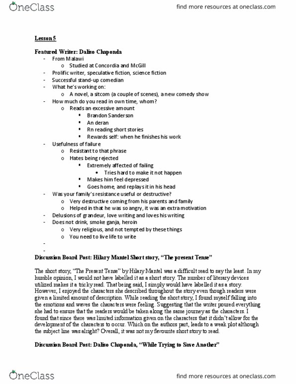 ENGL 224 Lecture Notes - Lecture 5: Daliso Chaponda, Hilary Mantel, Brandon Sanderson thumbnail