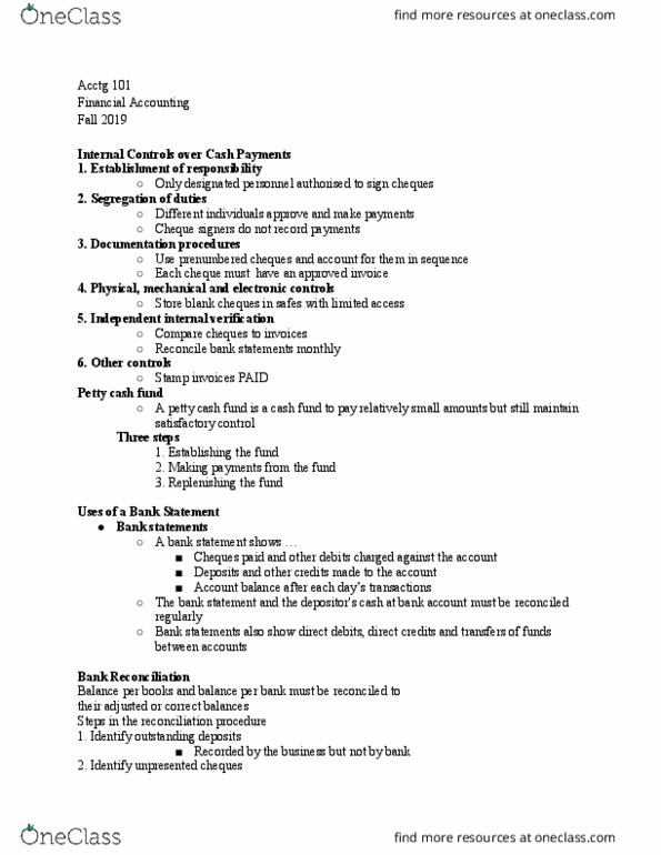 ACCTG 101 Lecture Notes - Lecture 10: Petty Cash, Bank Reconciliation, Bank Statement thumbnail