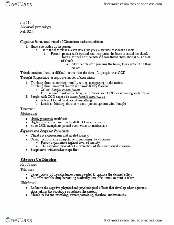 PSYCH 115 Lecture Notes - Lecture 7: Dsm-5, Psy, Thought Suppression thumbnail