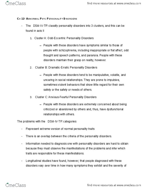 PSYC 3604 Chapter Notes -Borderline Personality Disorder, Antisocial Personality Disorder, Histrionic Personality Disorder thumbnail