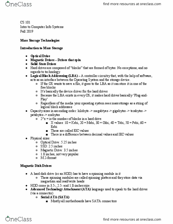 CS/IS 101 Lecture Notes - Lecture 10: Kilobyte, Hard Disk Drive, Nvm Express thumbnail