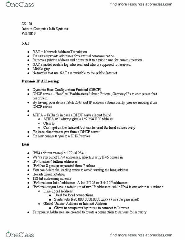 CS/IS 101 Lecture Notes - Lecture 23: Dynamic Host Configuration Protocol, Network Address Translation, Link-Local Address thumbnail