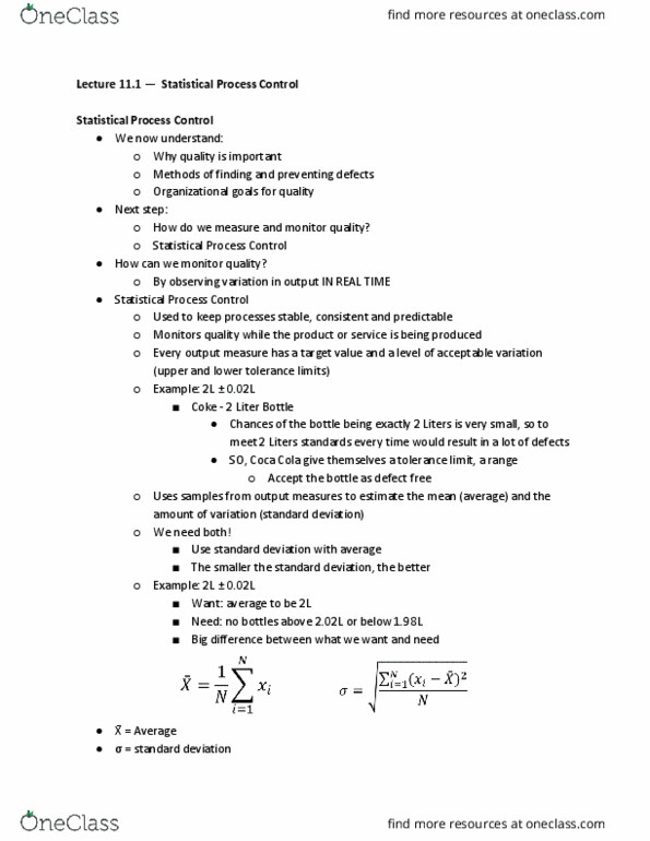 MGT 3501 Lecture Notes - Lecture 11: Standard Deviation, Common Cause, Statistical Process Control thumbnail