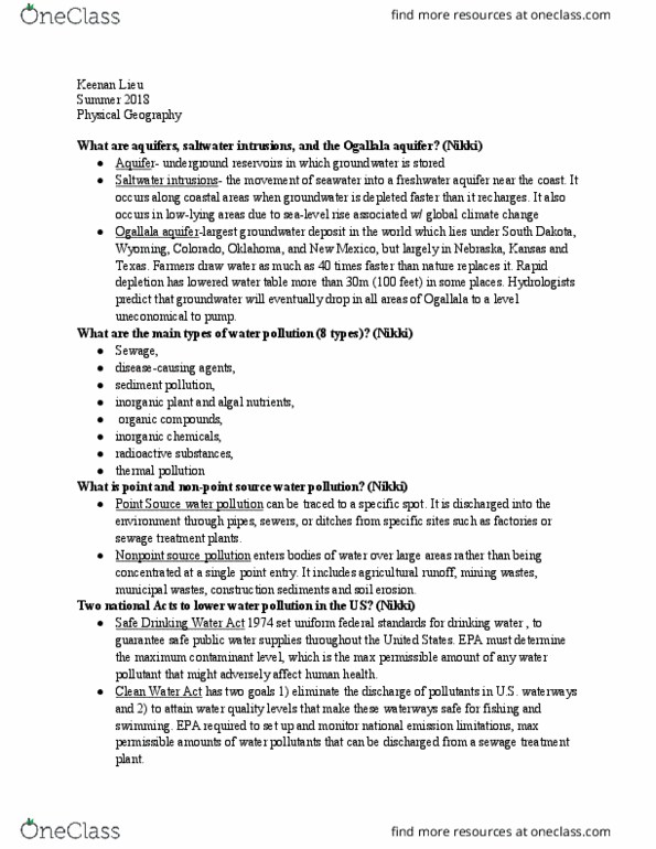 GEG-1 Lecture Notes - Lecture 30: United States Regulation Of Point Source Water Pollution, Safe Drinking Water Act, Maximum Contaminant Level thumbnail