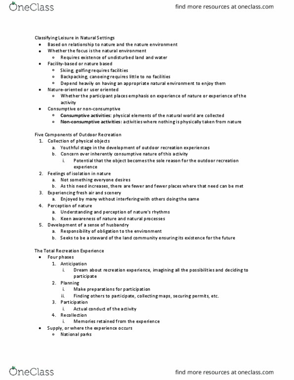 REC100 Chapter Notes - Chapter 17: Outdoor Recreation, Natural Environment, Carrying Capacity thumbnail