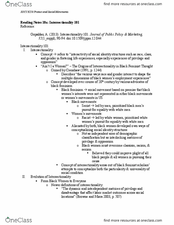 SOCI 3250 Chapter Notes - Chapter 10: Black Feminism, Demography, Intersectionality thumbnail