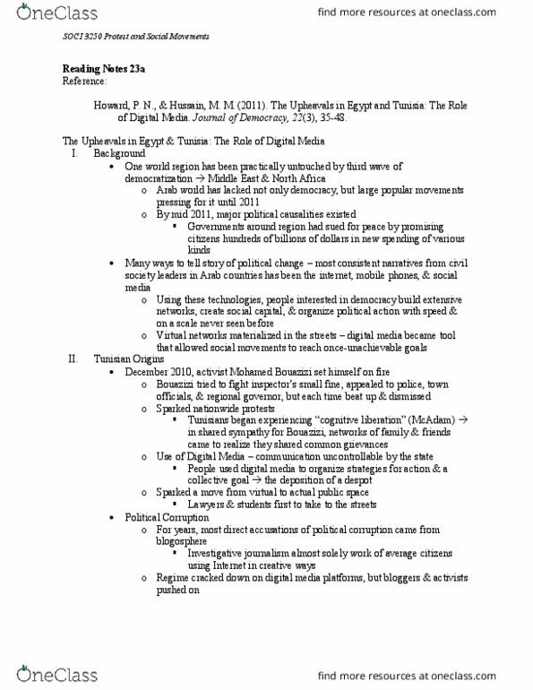 SOCI 3250 Chapter Notes - Chapter 23: Blogosphere, Mohamed Bouazizi, Social Capital thumbnail