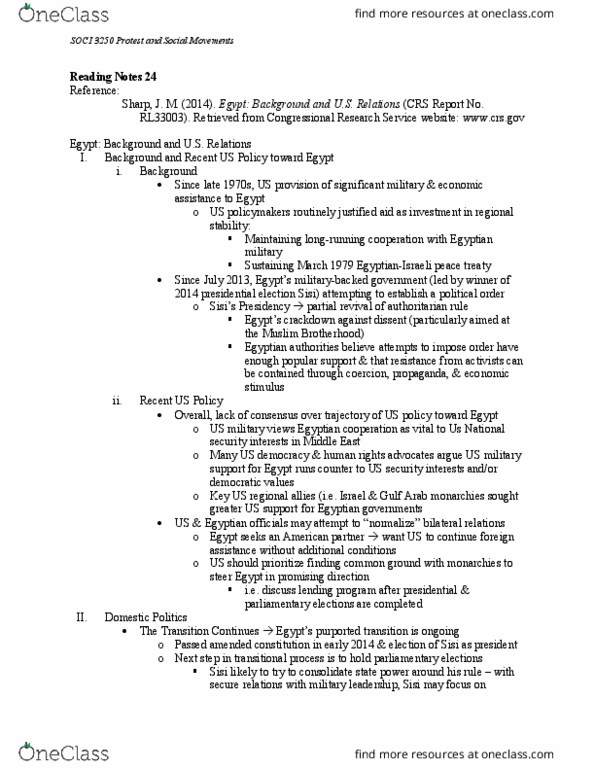 SOCI 3250 Chapter Notes - Chapter 24: Egyptian Protest Law, Crackdown, Congressional Research Service thumbnail