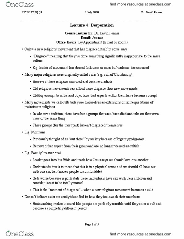 RELIGST 2QQ3 Lecture Notes - Lecture 4: Branch Davidians, David Koresh, Family International thumbnail