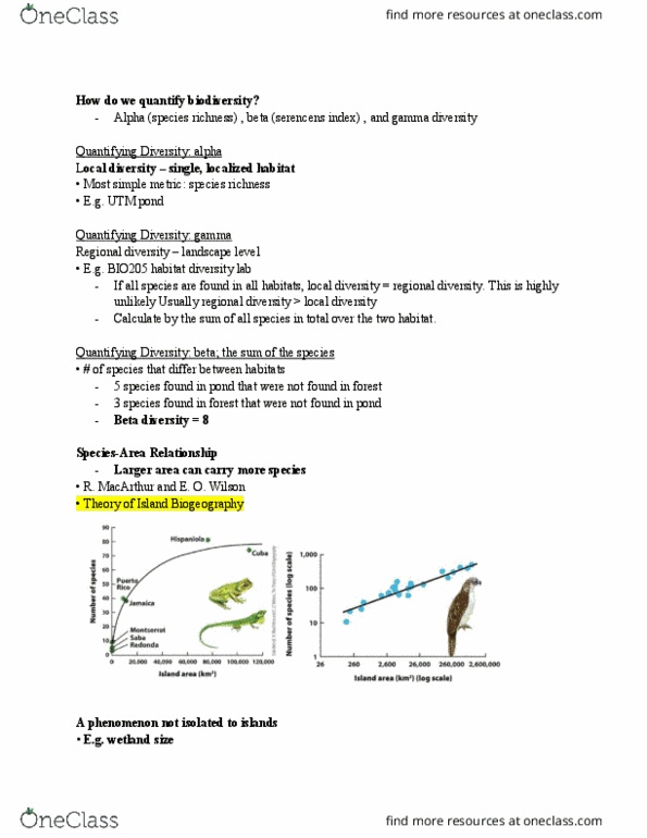 BIO205H5 Lecture Notes - Lecture 8: Gamma Diversity, Species Richness, Equilibrium Point thumbnail