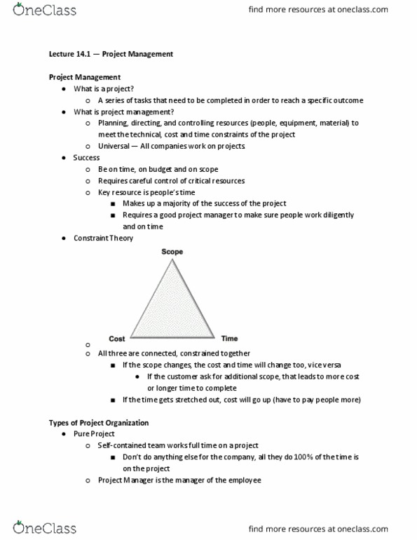 MGT 3501 Lecture Notes - Lecture 14: Scope Creep, Project Manager, Time Management thumbnail