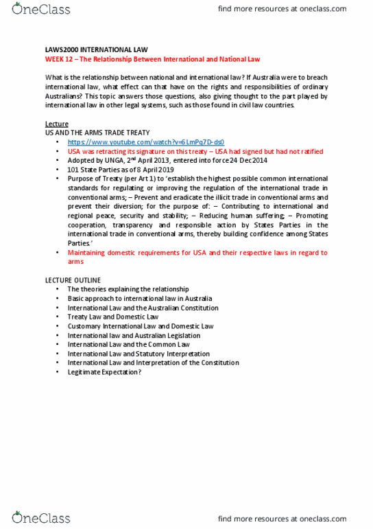 LAWS259 Lecture Notes - Lecture 12: Arms Trade Treaty, Constitution Of Australia, United Nations General Assembly thumbnail