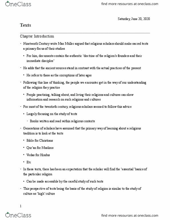 RELIGST 1B03 Lecture Notes - Lecture 7: Religious Text, Vedas, Christian Culture thumbnail
