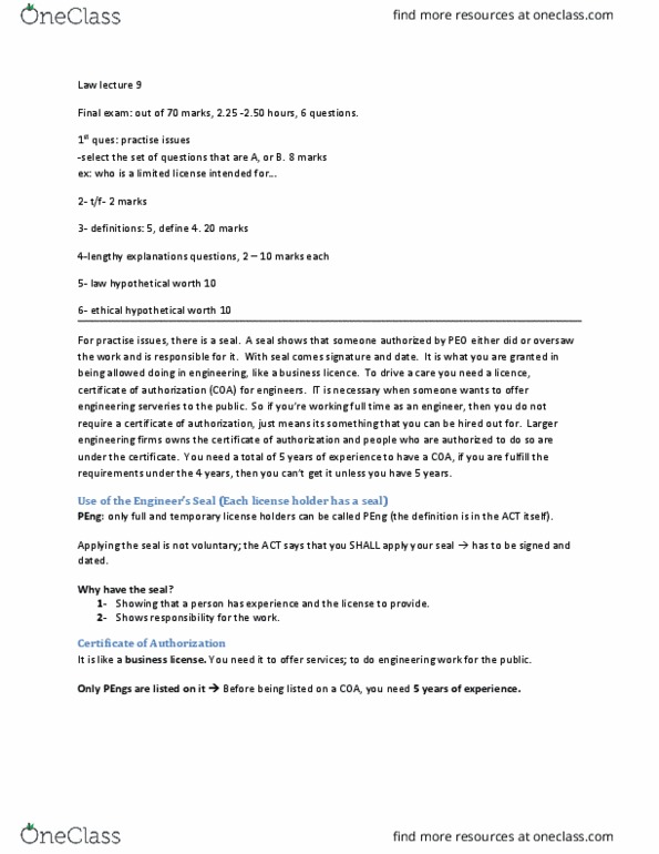 LAWS 1000 Lecture Notes - Lecture 9: Endangerment, Whistleblower, Professional Liability Insurance thumbnail