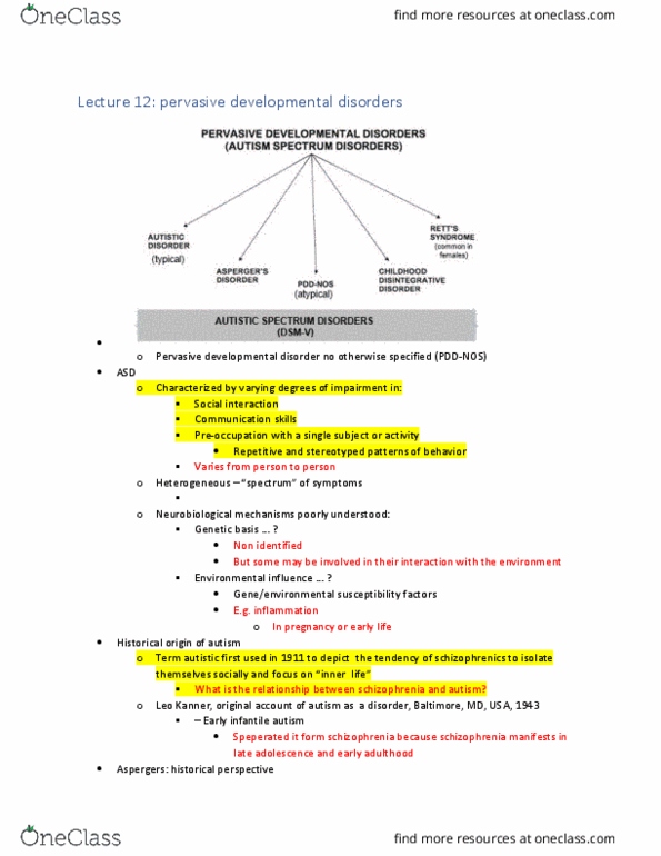 NEUR 3502 Lecture Notes - Lecture 12: Pervasive Developmental Disorder, Leo Kanner, Autism Spectrum thumbnail