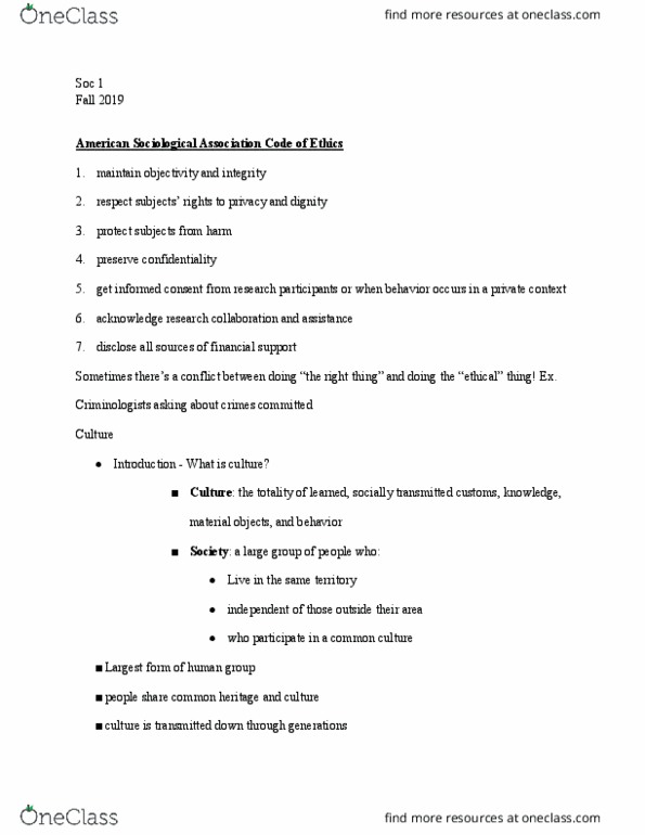 SOC 1 Lecture Notes - Lecture 5: American Sociological Association thumbnail