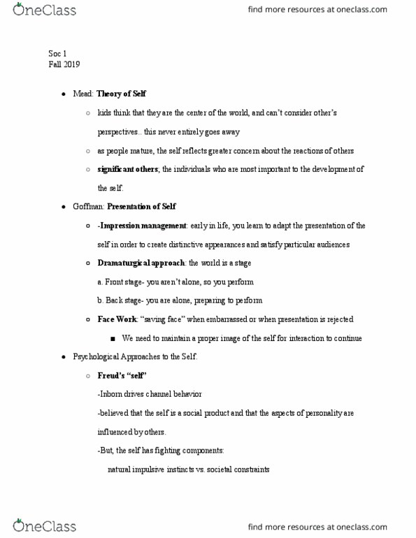 SOC 1 Lecture Notes - Lecture 11: Impression Management, Erving Goffman thumbnail