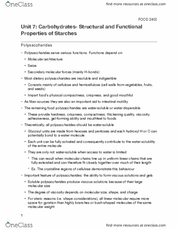 FOOD 2400 Chapter Notes - Chapter 7: Mouthfeel, Hemicellulose, Polysaccharide thumbnail