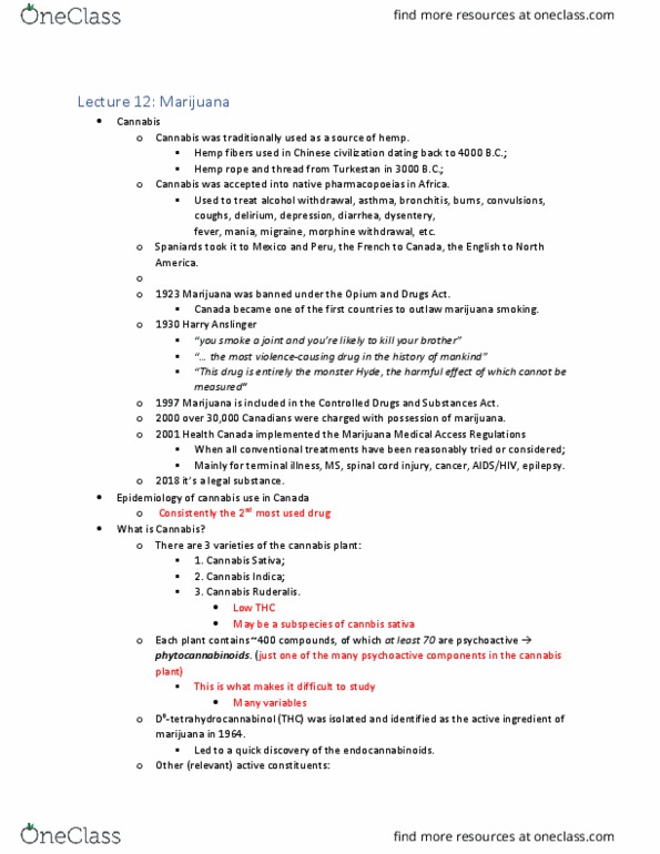 NEUR 3204 Lecture Notes - Lecture 12: Cannabis Ruderalis, Harry J. Anslinger, Endocannabinoid System thumbnail