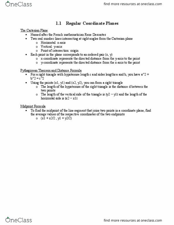 MAT 122 Chapter Notes - Chapter 1: Pythagorean Theorem, René Descartes, Hypotenuse thumbnail