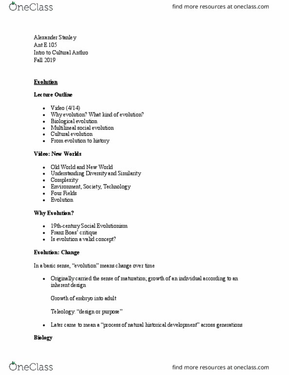 ANT E105 Lecture Notes - Lecture 12: Franz Boas, Evolutionism, Social Evolution thumbnail