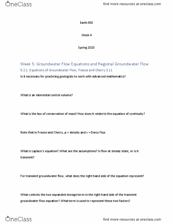 EARTH458 Lecture Notes - Lecture 7: Groundwater Flow Equation, Control Volume, Aquifer thumbnail