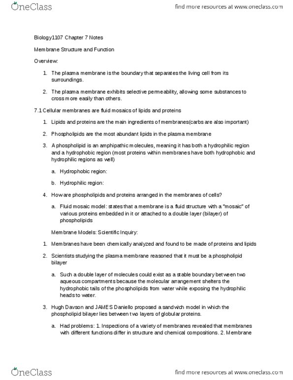 BIOL 1107 Chapter Notes - Chapter 7: Fluid Mosaic Model, Lipid Bilayer, Cell Membrane thumbnail