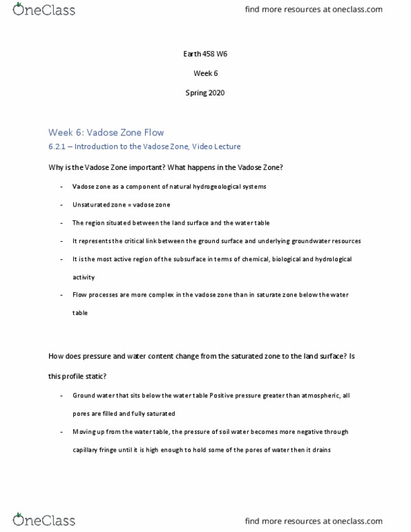 EARTH458 Lecture Notes - Lecture 9: Vadose Zone, Water Content, Capillary Fringe thumbnail