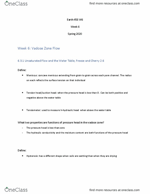 EARTH458 Lecture Notes - Lecture 9: Wetting, Surface Tension, Vadose Zone thumbnail