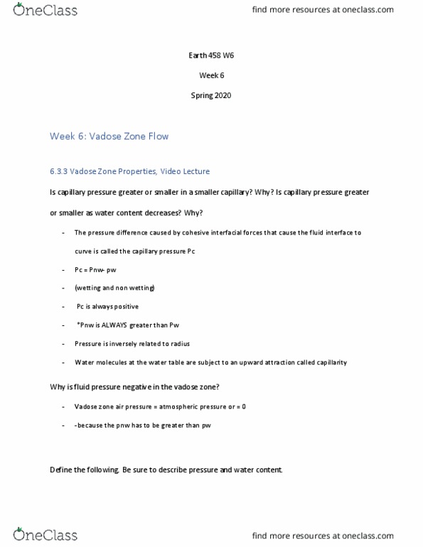 EARTH458 Lecture Notes - Lecture 10: Aeration, Phreatic, Capillary Action thumbnail