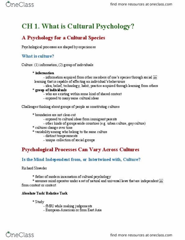 PSYC 307 Chapter Notes - Chapter 1: Analytic Reasoning, Cultural Psychology, Spatial Memory thumbnail