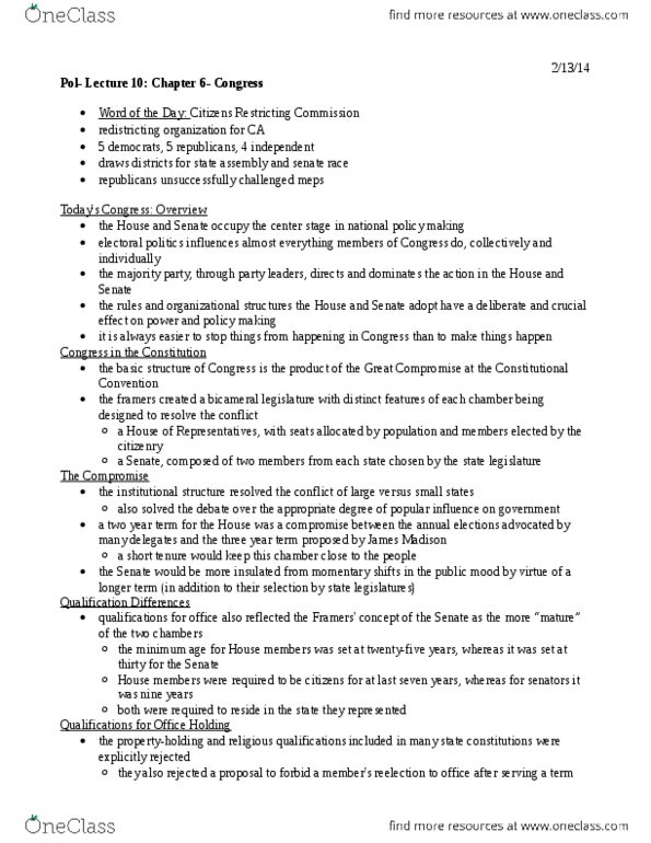 POL 1 Lecture Notes - Lecture 10: Enumerated Powers, Connecticut Compromise, Bicameralism thumbnail