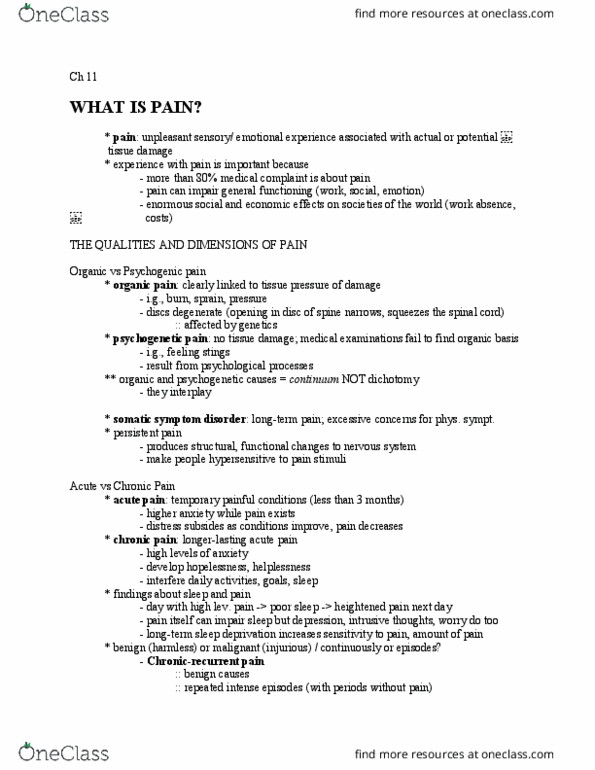 PSYC 314 Chapter Notes - Chapter 11: Trigeminal Nerve, Nociceptor, Rheumatoid Arthritis thumbnail