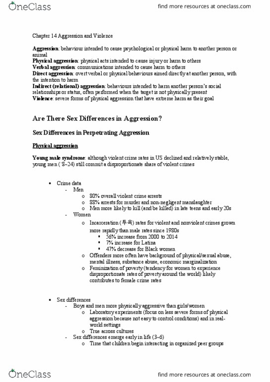 PSYC 320 Chapter Notes - Chapter 14: Voluntary Manslaughter, Relational Aggression, Sex Trafficking thumbnail