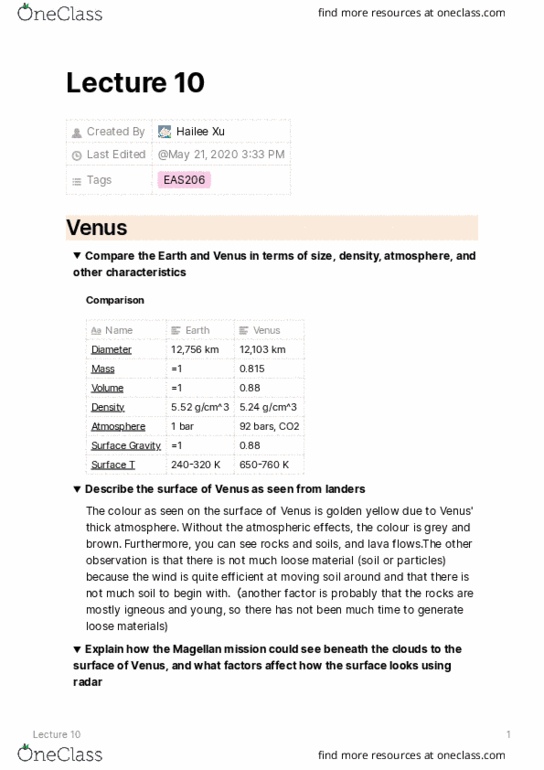 EAS206 Lecture Notes - Lecture 10: Aphrodite Terra, Plain, List Of Geological Features On Venus thumbnail
