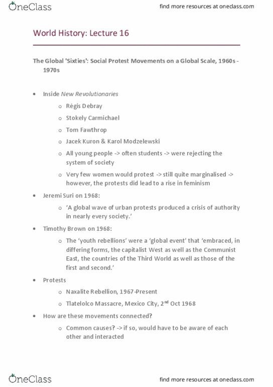 DNC 268 Lecture Notes - Lecture 19: Tlatelolco Massacre, Fidel Castro, Mao Zedong thumbnail