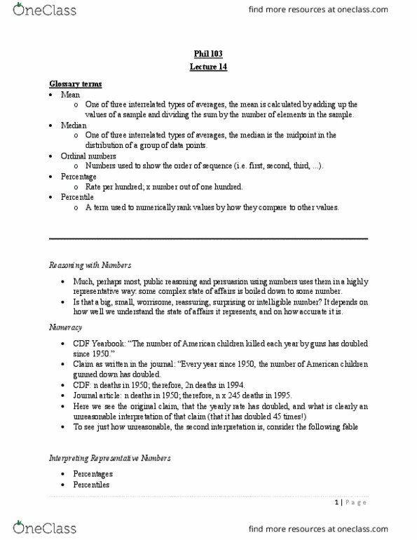 PHIL 103 Lecture Notes - Lecture 14: Percentile thumbnail